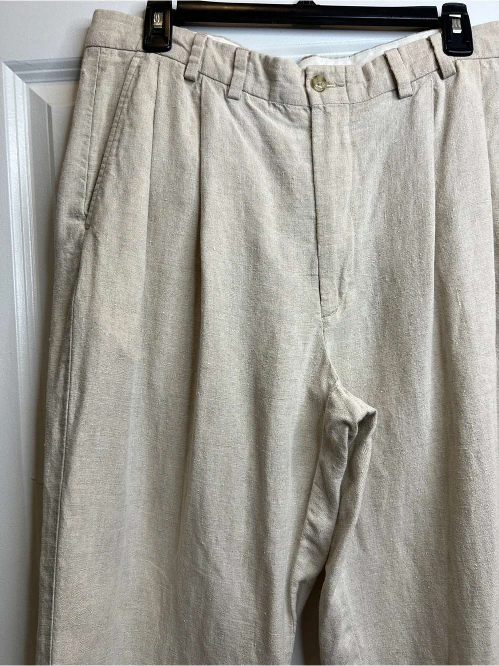 Turnbury Mens Natural Tan 100% Linen Pleated Cuffed Pants Trousers 36x30